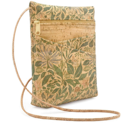 Cork handbag with leaf pattern on a white background