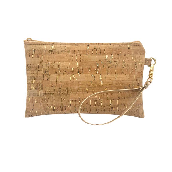A beige cork wristlet with gold flecks and a wrist strap, zipper closure, against a white background.