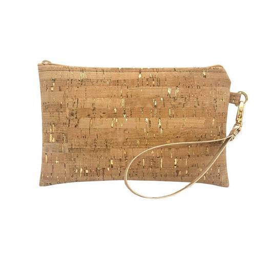 A beige cork wristlet with gold flecks and a wrist strap, zipper closure, against a white background.