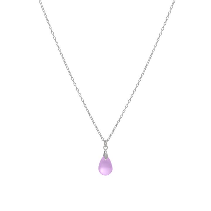 Necklace with a lavender teardrop pendant on a white background
