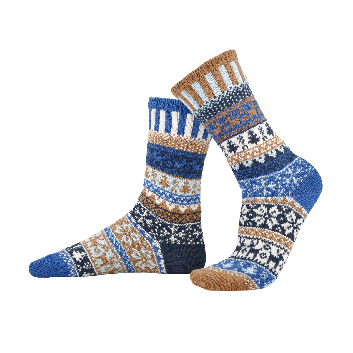 Pair of patterned socks with blue, brown, and white colors on a white background