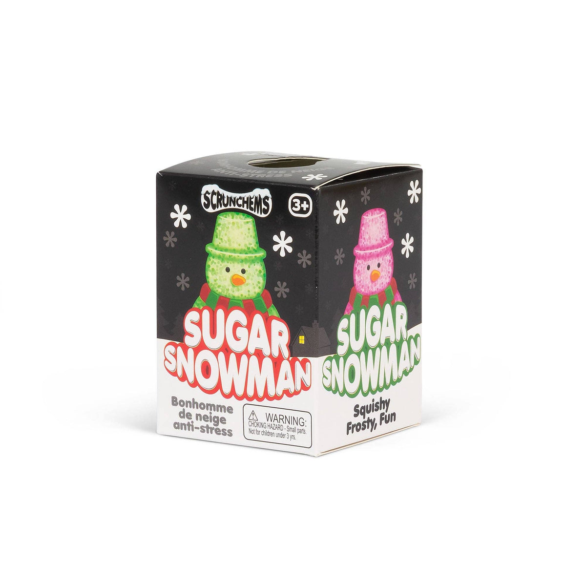 A box of Scrunchems Sugar Snowman squishy freshness fun, featuring a black and white design with colorful illustrations of snowmen on a white background.
