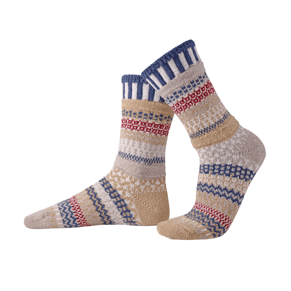 Pair of patterned socks on a white background