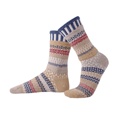 Pair of patterned socks on a white background