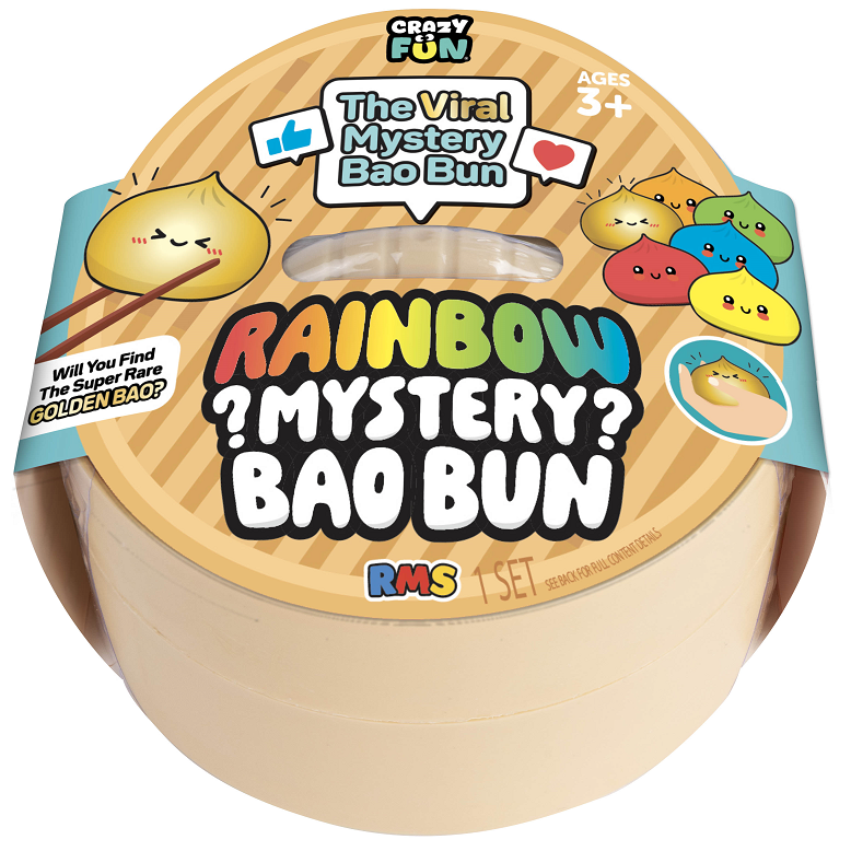 Crazy Fun Rainbow Mystery Bao Bun packaging with colorful characters and text.