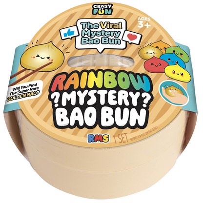 Crazy Fun Rainbow Mystery Bao Bun packaging with colorful characters and text.