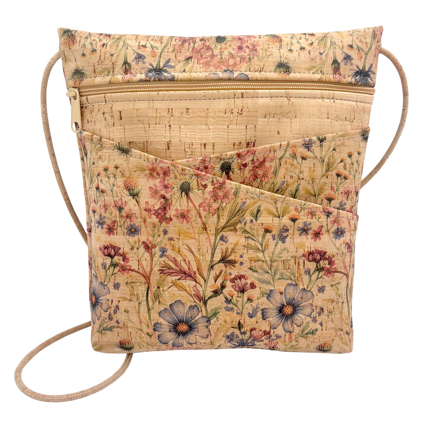 Floral-patterned cork bag with a strap on a white background