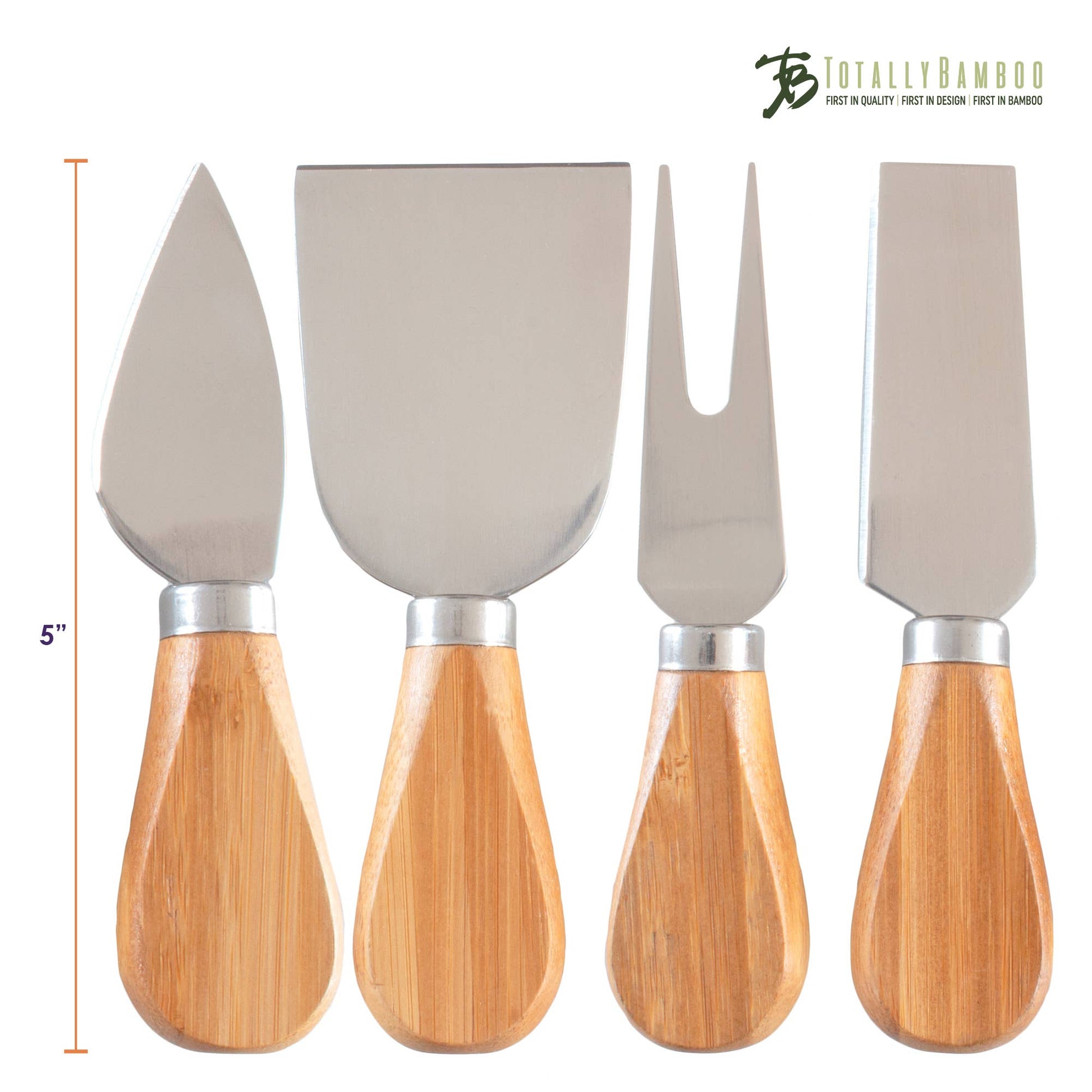 Set of four cheese knives with wooden handles and metal blades, displayed with measurements on a white background. Brand 'Totally Bamboo' is visible.