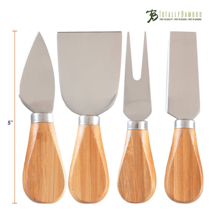 Set of four cheese knives with wooden handles and metal blades, displayed with measurements on a white background. Brand 'Totally Bamboo' is visible.