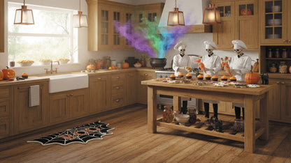 A Halloween-themed kitchen scene with three skeleton chefs in white chef uniforms standing behind a kitchen island covered in food props, with colorful smoke effects rising from a pot on the stove. The kitchen has light wood cabinets, a farmhouse sink, and pumpkins on the counters.