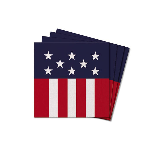 Stack of American flag-themed coasters on a white background