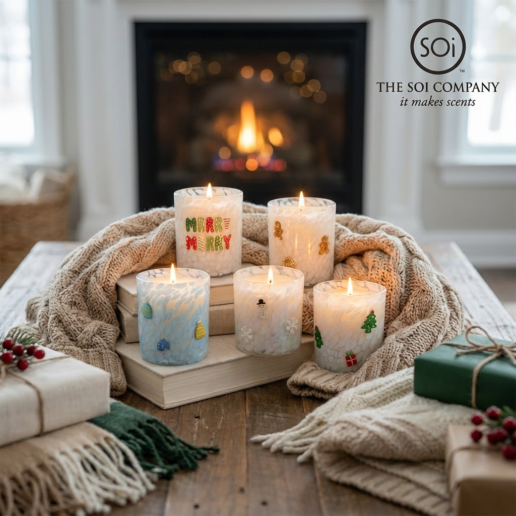 Candles with festive designs on a wooden tray in front of a fireplace, featuring the Soi Company logo.