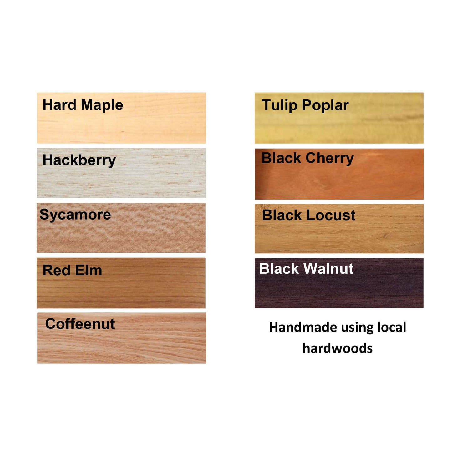 Wood color swatches labeled with various wood types on a white background.