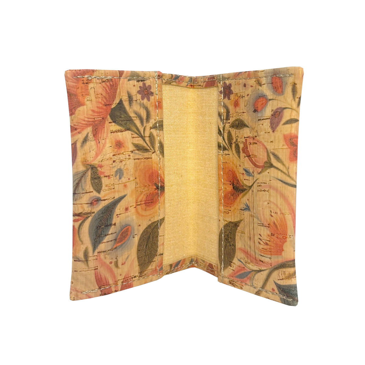 A small wallet shown open against a plain white background. The exterior has a warm floral print in orange, beige, and muted blue tones, while the interior is a solid light yellow fabric.