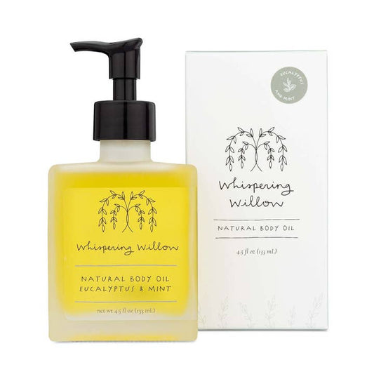 Whispering Willow natural body oil bottle and packaging on a white background
