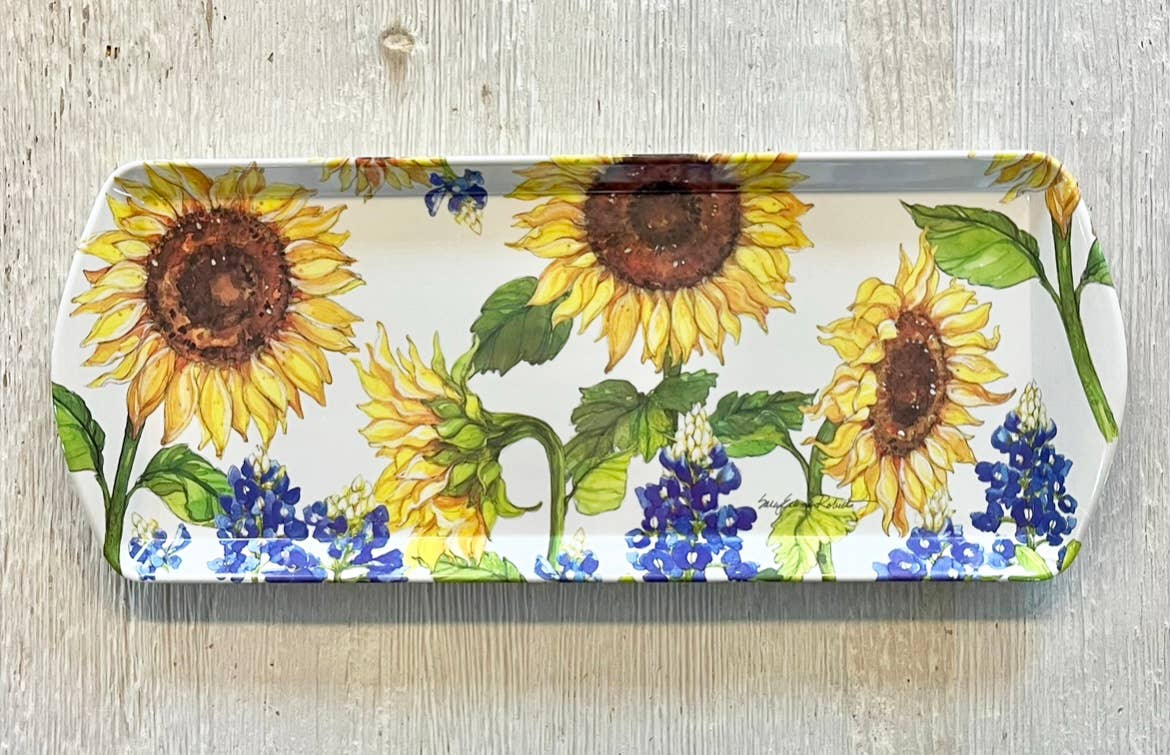 Rectangular tray with sunflower and bluebonnet design on a wooden surface