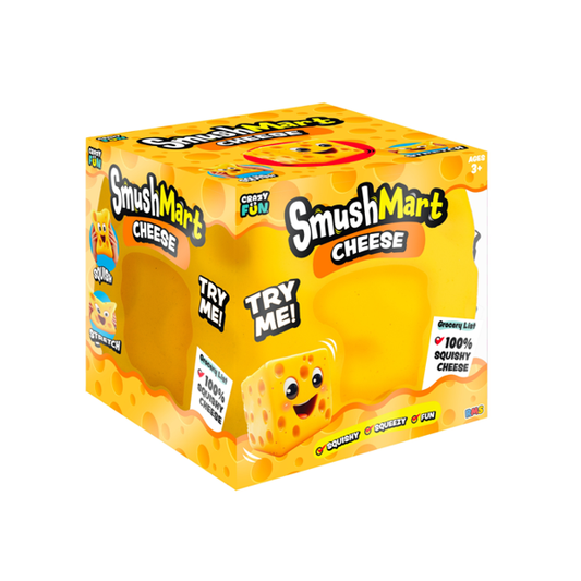 A SmushMart Cheese  box toy package, featuring a bright yellow and orange design with a cartoon cheese character on the front, isolated on a white background.