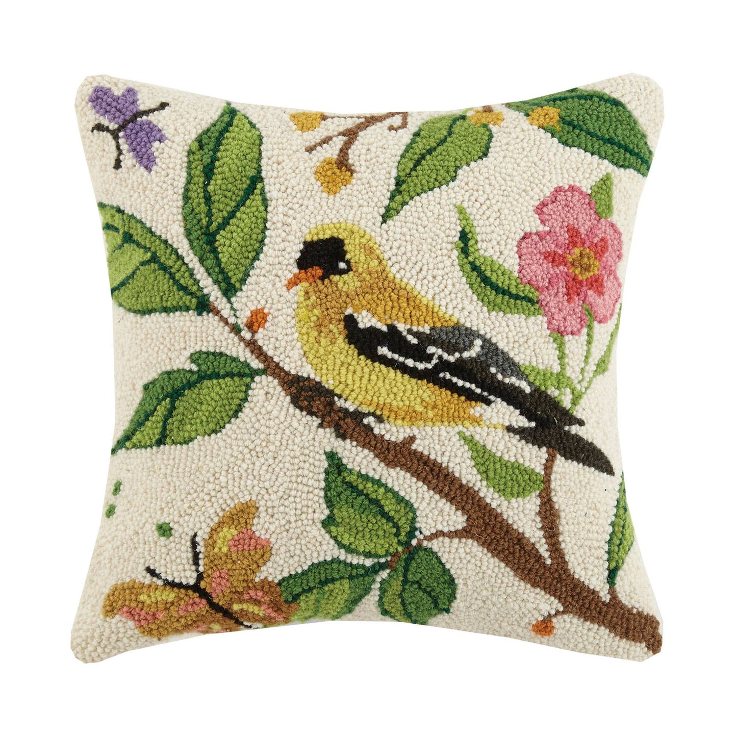 Goldfinch Hooked Pillow - Sally Eckman Roberts