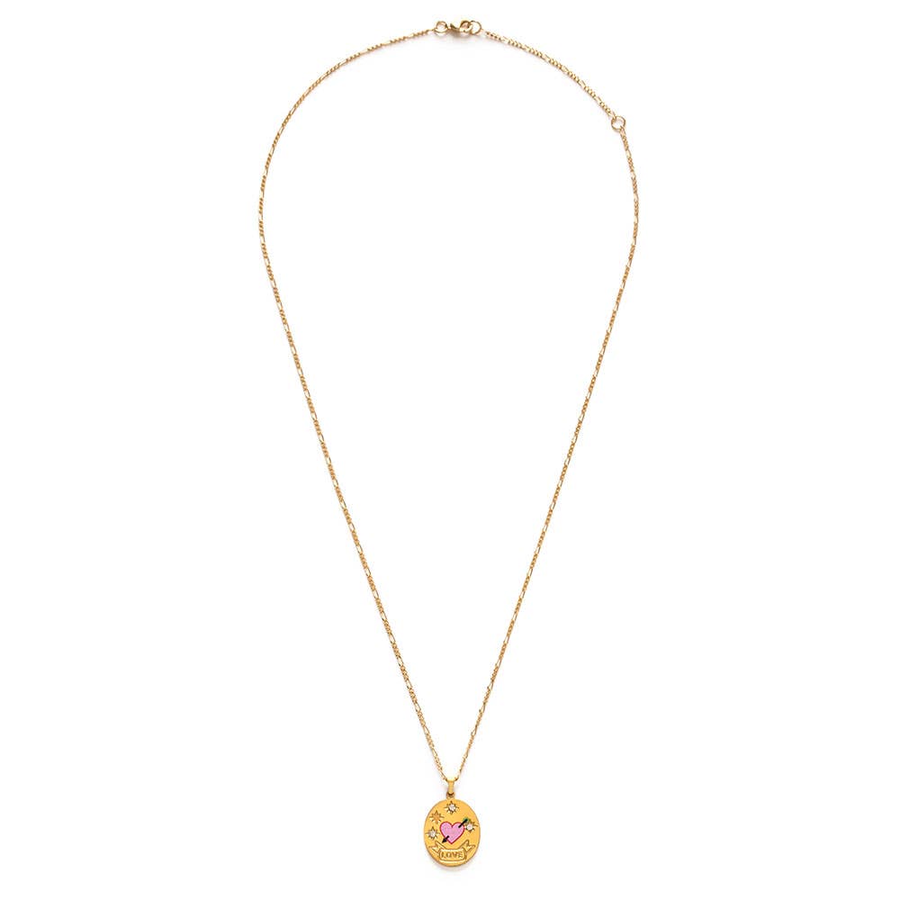 Gold necklace with an oval pendant on a white background