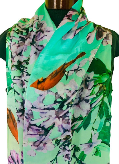 Flowers and Feathers Cardinals in Lilac Silk Scarf