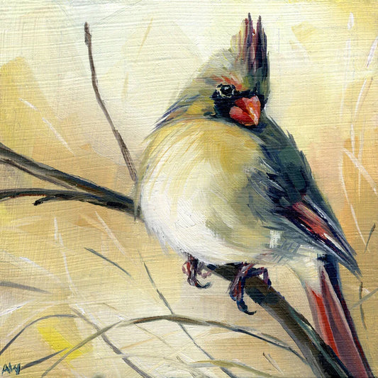 Trivet with a painting of a bird perched on a branch with a textured beige background.