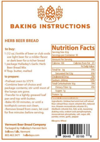Baking instructions and nutrition facts label for Herb Beer Bread from Vermont Beer Bread Company.