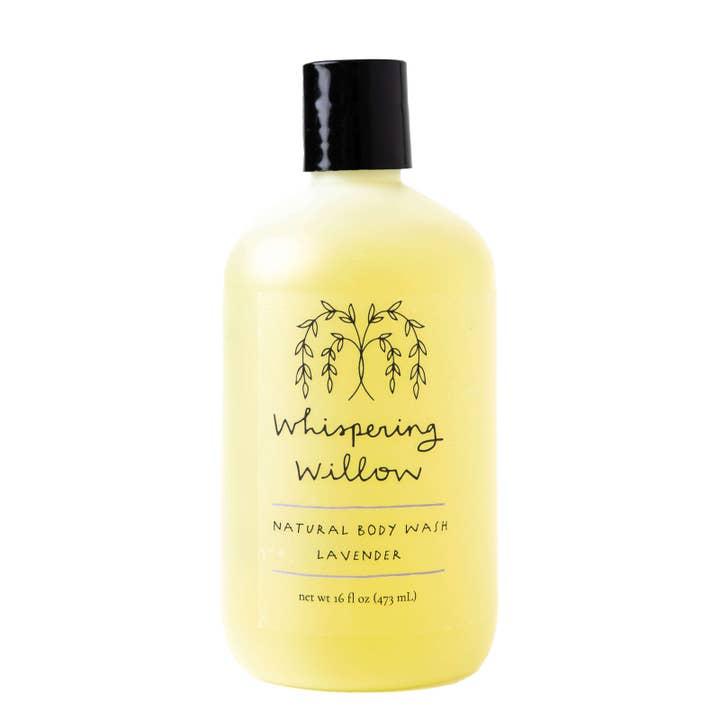 Bottle of Whispering Willow natural body wash on a white background