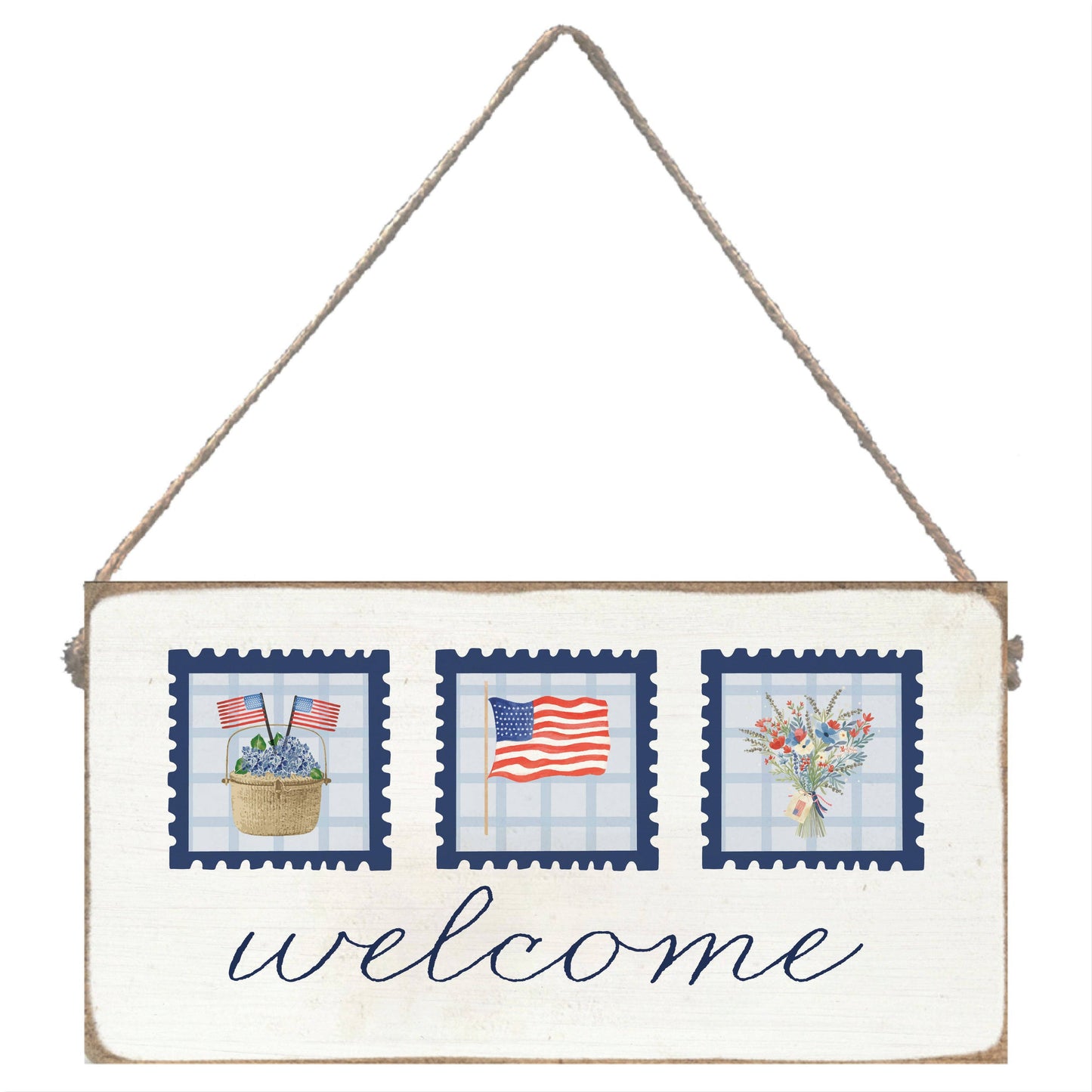 Decorative sign with 'welcome' text and patriotic elements on a white background