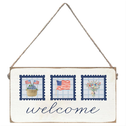 Decorative sign with 'welcome' text and patriotic elements on a white background