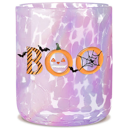 Halloween-themed tumbler with 'BOO' text and pumpkin design on a purple and white marbled background