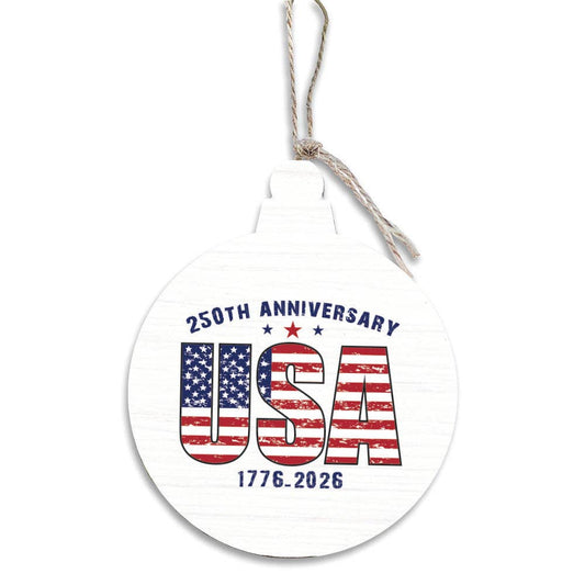 Round white ornament with American flag design and text on a white background