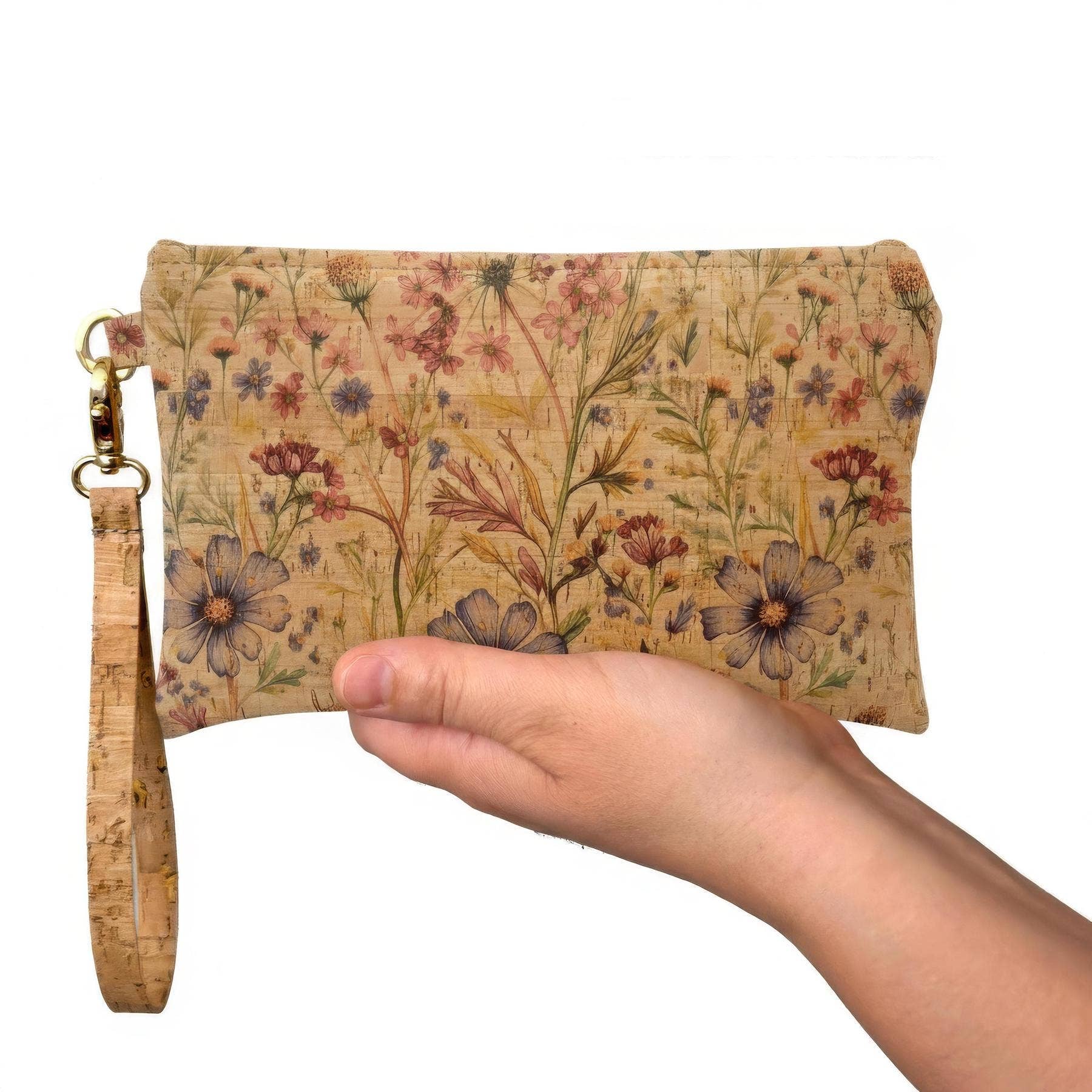 Floral patterned wristlet held by a hand on a white background