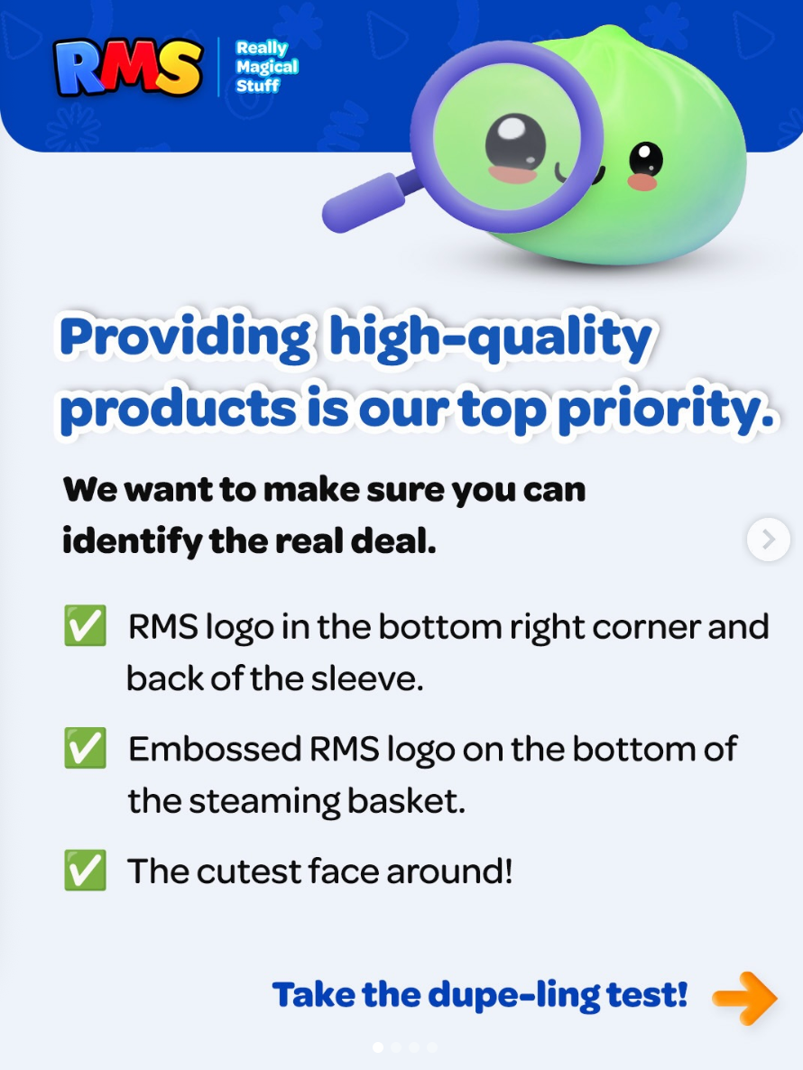 Promotional graphic for RMS with a green character holding a magnifying glass and text about product quality.