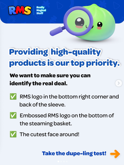 Promotional graphic for RMS with a green character holding a magnifying glass and text about product quality.
