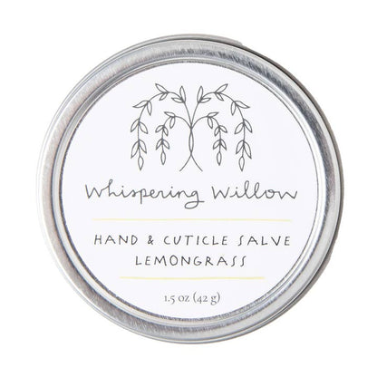 Hand and cuticle salve container with 'Whispering Willow' branding on a white background