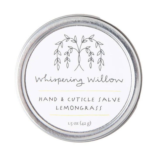 Hand and cuticle salve container with 'Whispering Willow' branding on a white background