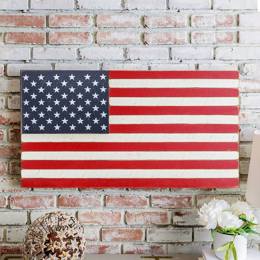 Wooden American flag on a brick wall
