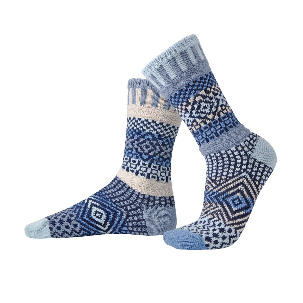 Pair of blue and gray patterned socks on a white background