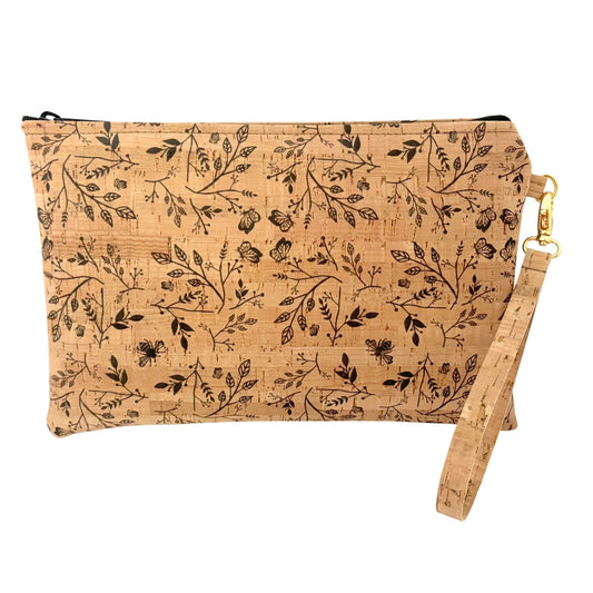 Black Floral Print Simple Cork Wristlet