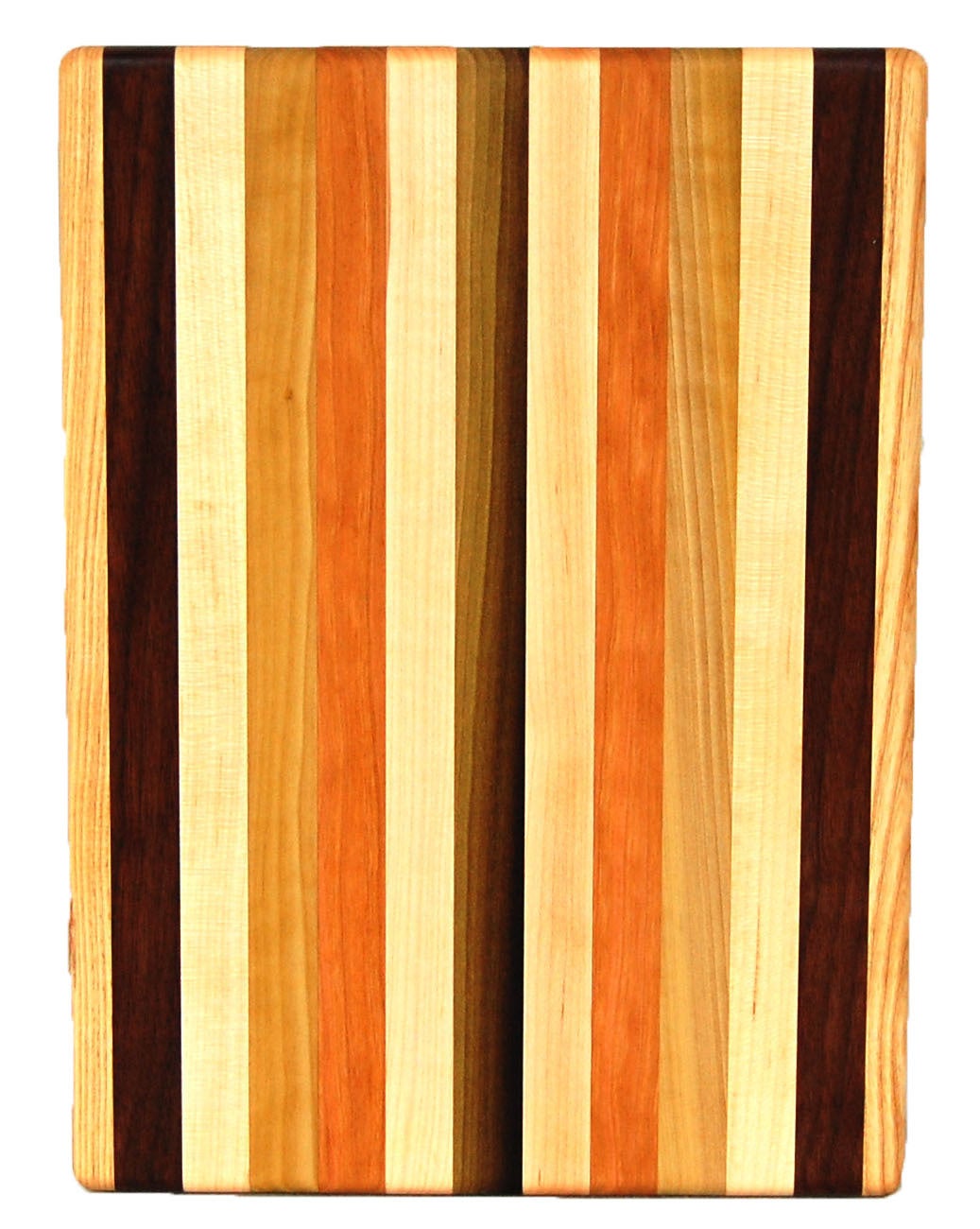 Wooden cutting board with multicolored stripes on a white background