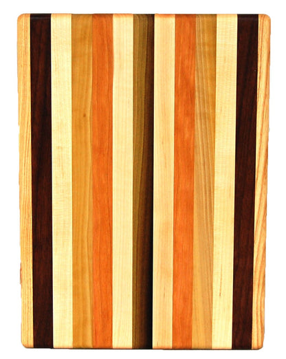 Wooden cutting board with multicolored stripes on a white background