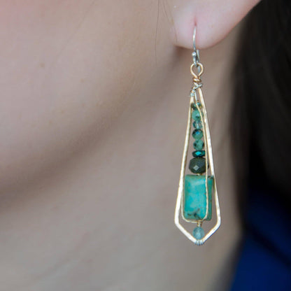 Turquoise pendant earring on a person's ear with a blurred background