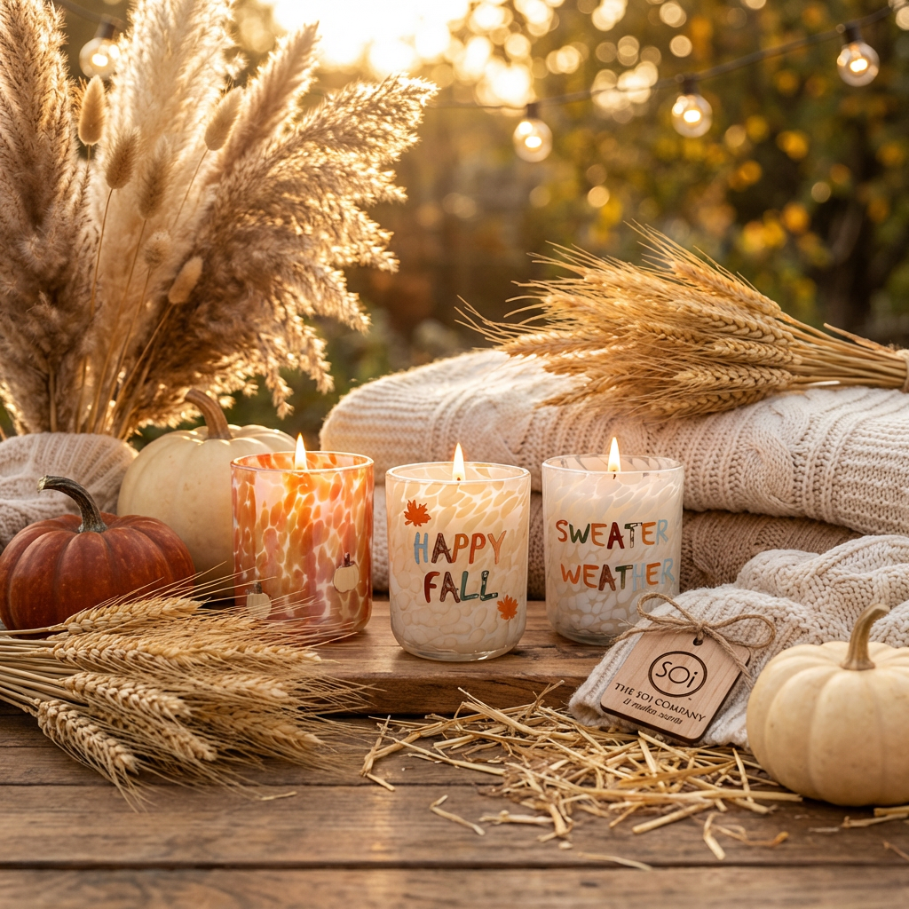 Autumn-themed candles with decorative pumpkins and wheat on a wooden surface.