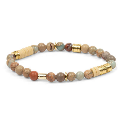 Beaded bracelet with natural stone beads and gold accents on a white background