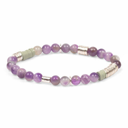 Beaded bracelet with purple and green beads on a white background