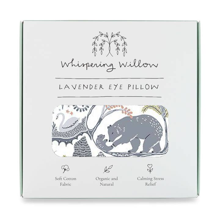 Box for a lavender eye pillow with illustrations of animals and text on a white background