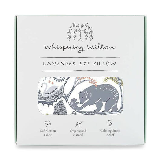 Box for a lavender eye pillow with illustrations of animals and text on a white background
