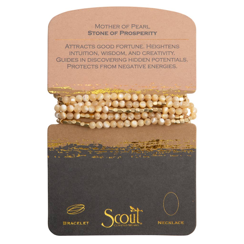 Convertible necklace/wrap bracelet on a Scout branded card with description and branding.