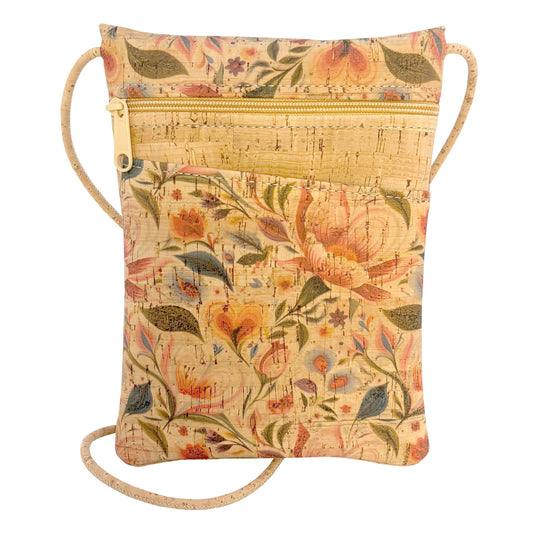 Floral-patterned cork handbag with strap on a white background