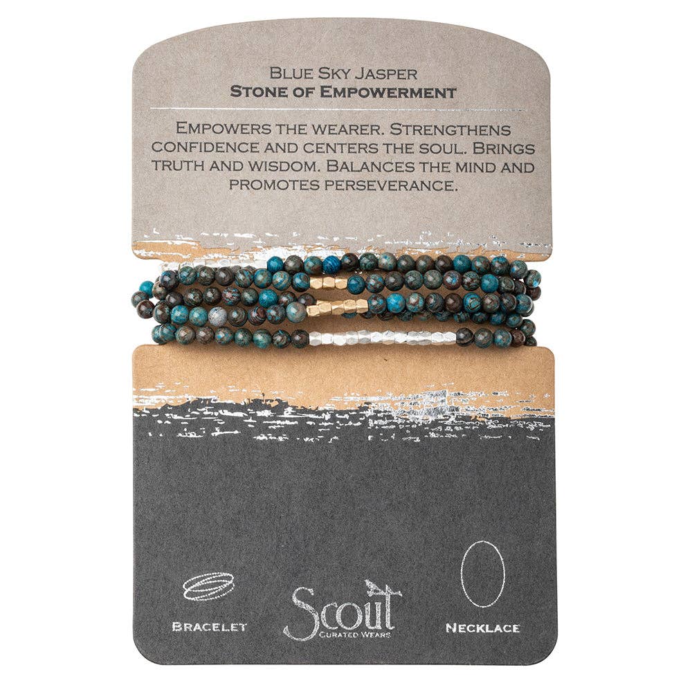 Convertible beaded necklace/wrap bracelet on a Scout branded card with text about the stone of empowerment.